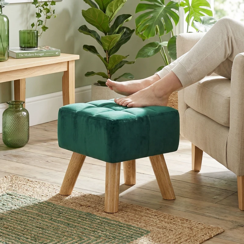 HOMCOM Velvet Square Padded Footstool - Dark Green