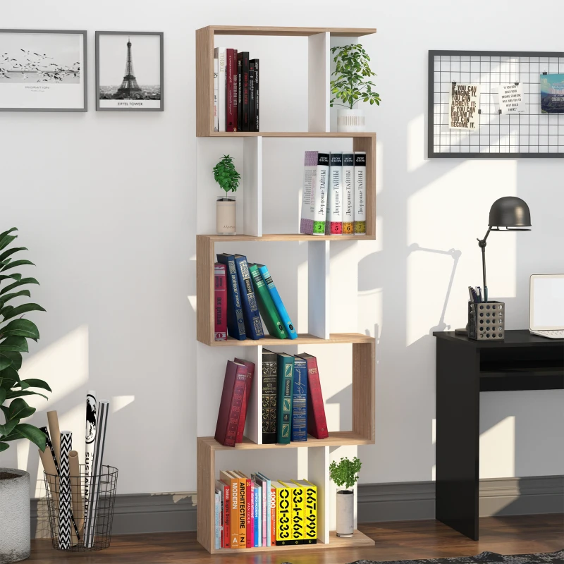HOMCOM Scaffale Libreria a 5 Ripiani Suddivisi, Libreria Salvaspazio a Forma di S in Legno, Scaffale Divisorio per Soggiorno, Camera da Letto e Ufficio, 60x24x184.5 cm, Color Legno e Bianco