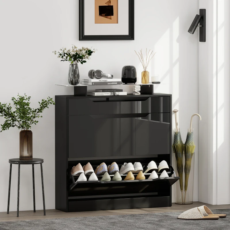 HOMCOM Armoire à Chaussures, 2 Tiroirs Rabattables, 1 Tiroir Coulissant, 1 Comptoir, 89x23x96cm, Noir