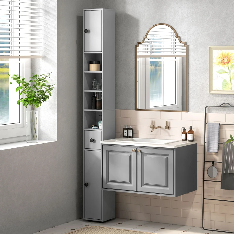 kleankin 180cm Slim Bathroom Cabinet, with Drawer, Shelves and Cupboards - Grey