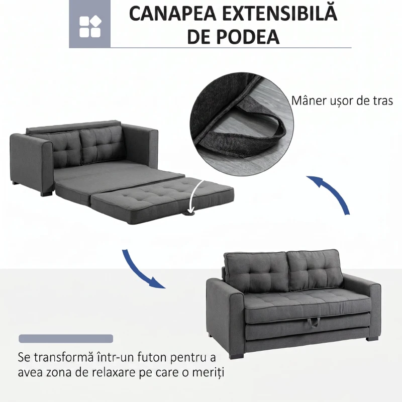 HOMCOM Canapea Extensibilă din Material Textil 2 Locuri cu Tapițerie și Arcuri, 151x75x85 cm, Gri