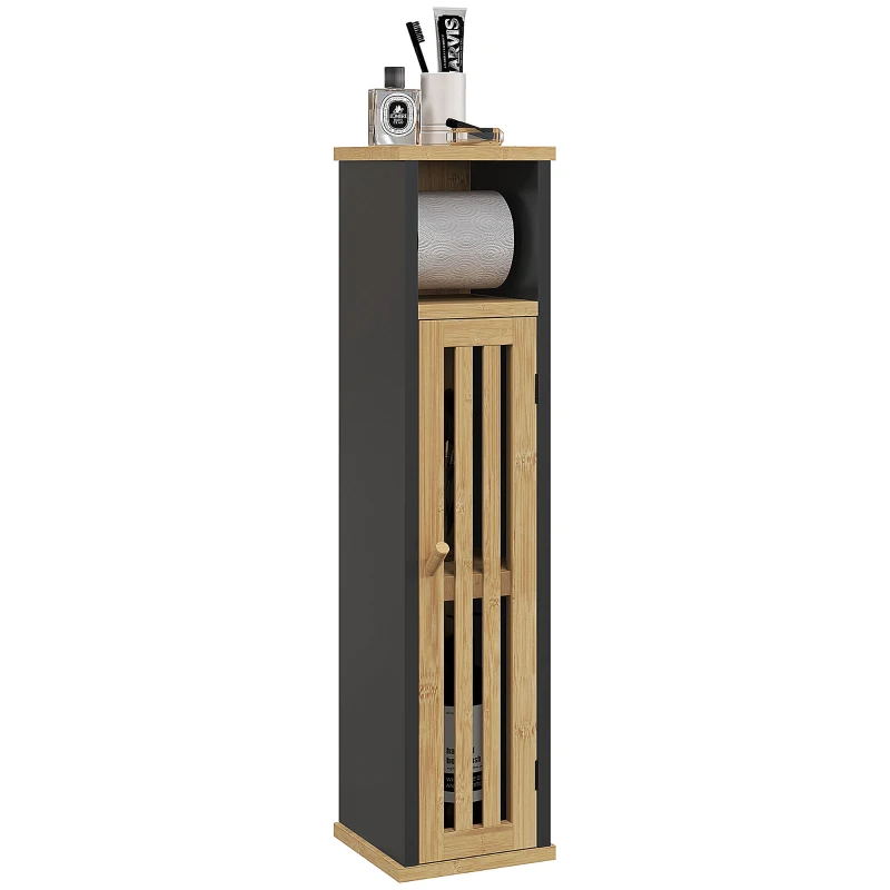 HOMCOM Meuble de salle de bain avec support papier toilette rangement avec barre amovible 2 Niveaux + Sortie Papier MDF Bambou