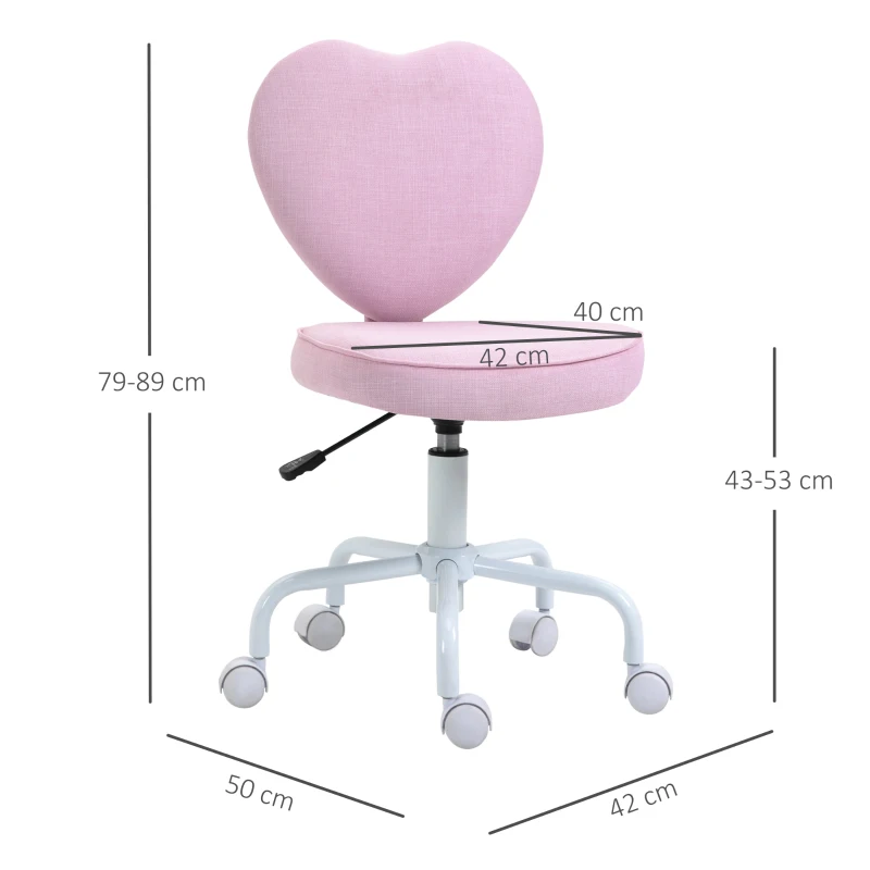 HOMCOM Scaun pentru Birou în Formă de Inimă cu 5 Roți și Înălțime Reglabilă din Material Textil Roz, 42x50x79-89cm(m-3)
