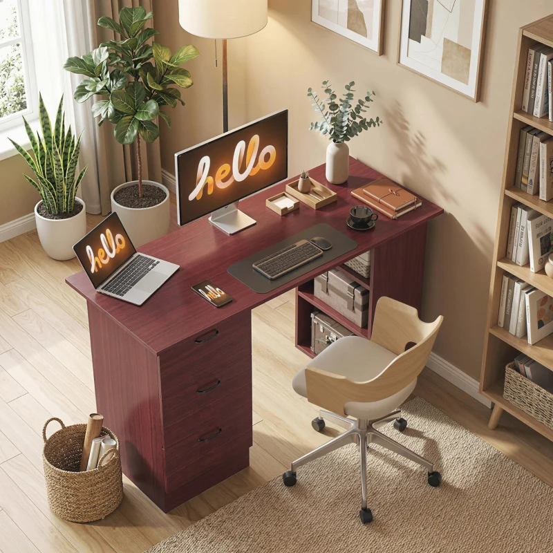 HOMCOM Computer Desk, Writing Table, PC Workstation with 3 Storage Shelves and Drawers, Handle, for Home Office, Walnut Brown