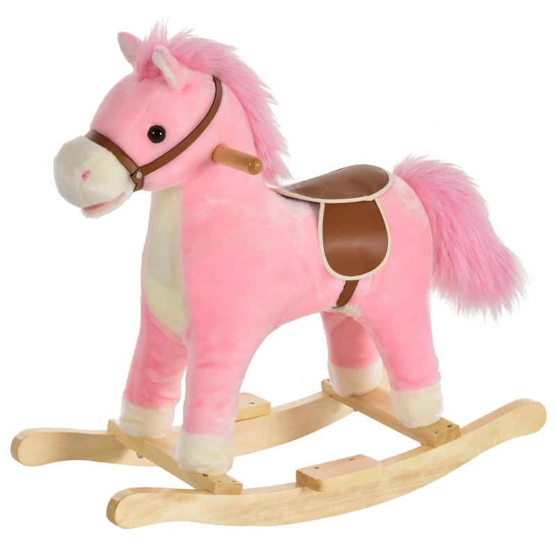 HOMCOM Kinder Schaukelpferd Baby Schaukeltier Pferd mit Tiergeräusche Spielzeug Haltegriffe für 36-72 Monate Plüsch Rosa 65 x 32,5 x 61 cm