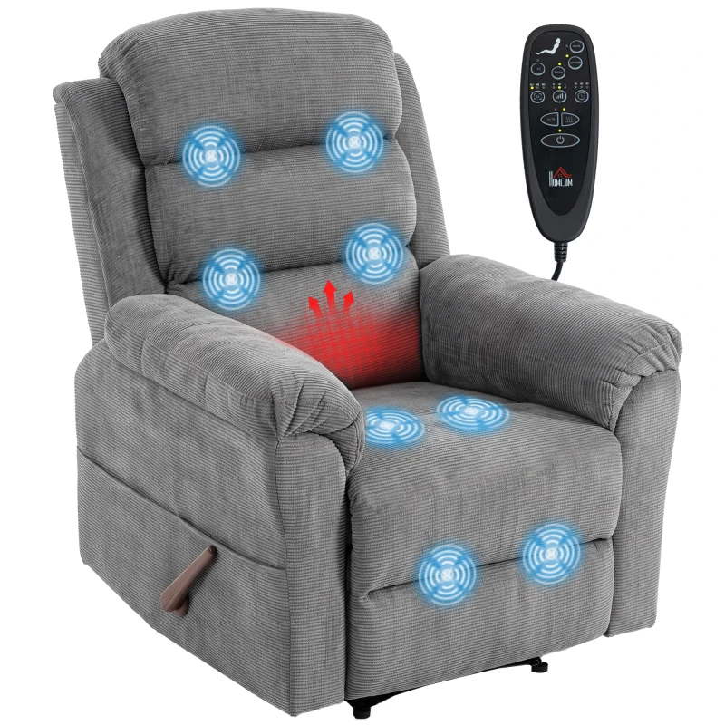 HOMCOM Massage-relaxfauteuil met warmte, verstelbare hoofdsteun en wandbesparend ontwerp, grijs