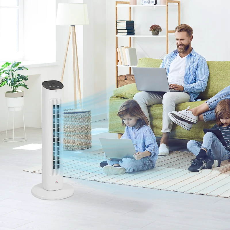 Ventilator turn HOMCOM cu telecomandă, 3 viteze, mod de repaus, oscilație, temporizator de 15 ore, afișaj LED, alb