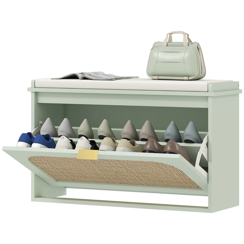 HOMCOM Banc à chaussures, banc de rangement, assise rembourrée, tiroir rabattable, porte en rotin, 80 x 26 x 47,5 cm, vert