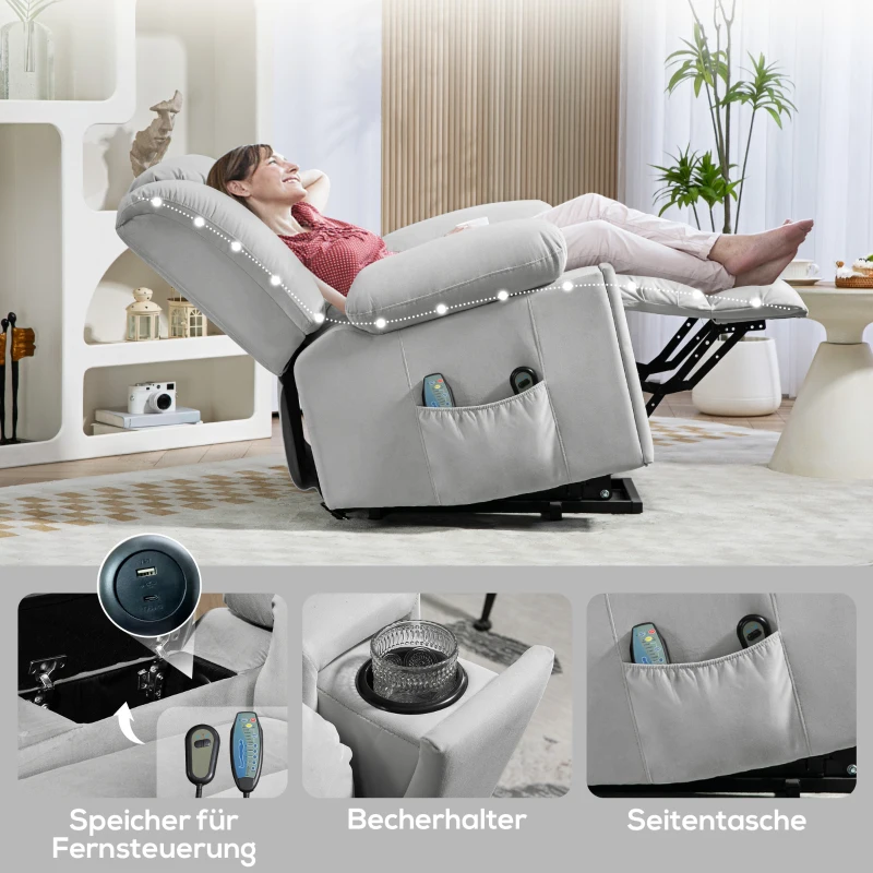 HOMCOM Elektrische TV Fauteuil met Opsta-hulp Relaxfauteuil met Lig-, Warmte- en Massagefunctie Massagesessel met Afstandsbediening Bekerhouder Zijvak USB Pocketvering Fluweel Lichtgrijs(m-9)