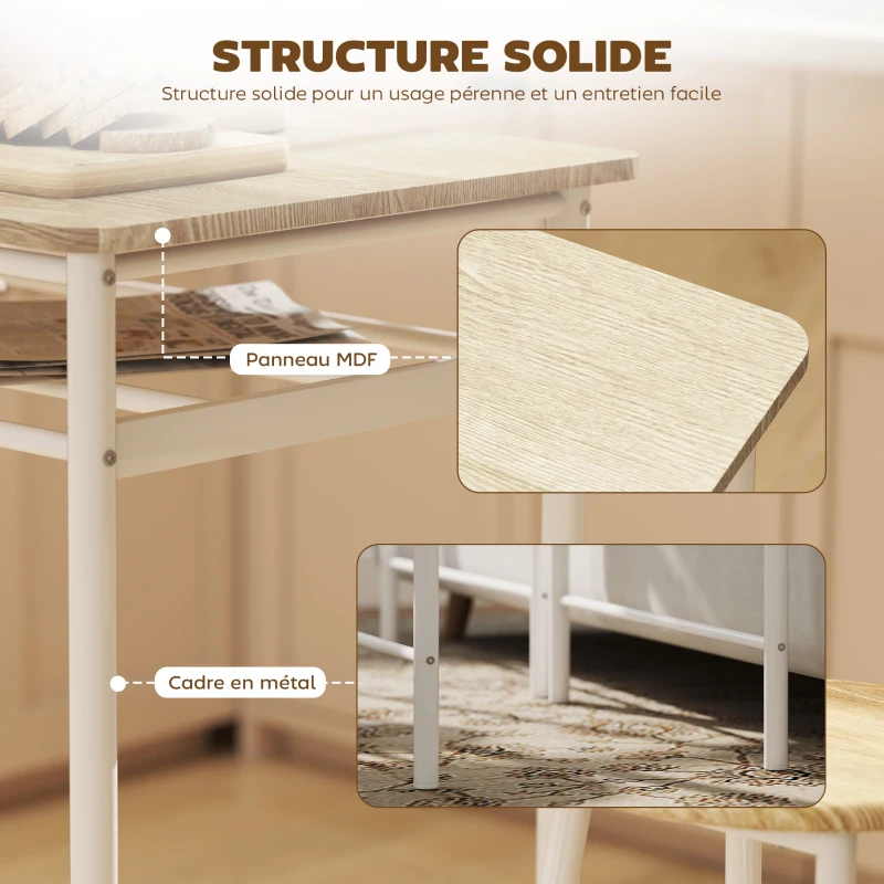 HOMCOM Ensemble table de bar avec tabourets, table à manger debout avec 2 chaises, étagère et pieds en métal, 80x50x90cm, blanc