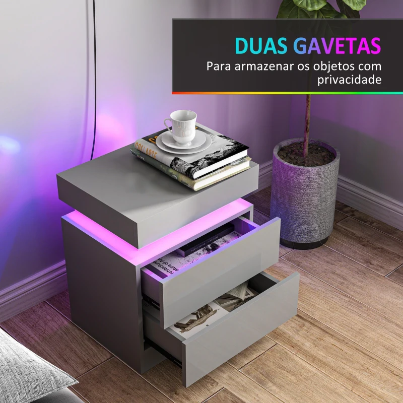 HOMCOM Mesa de Cabeceira com Luz LED Painel de Alto Brilho 2 Gavetas e Controlo Remoto para Dormitório 45x35x52 cm Cinzento