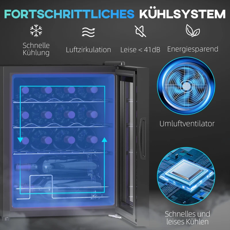 HOMCOM Vrijstaande wijnkoelkast, 16 flessen, voor thuisbar, woonkamer, keuken Touchscreen, glazen deur, LED-verlichting(m-4)
