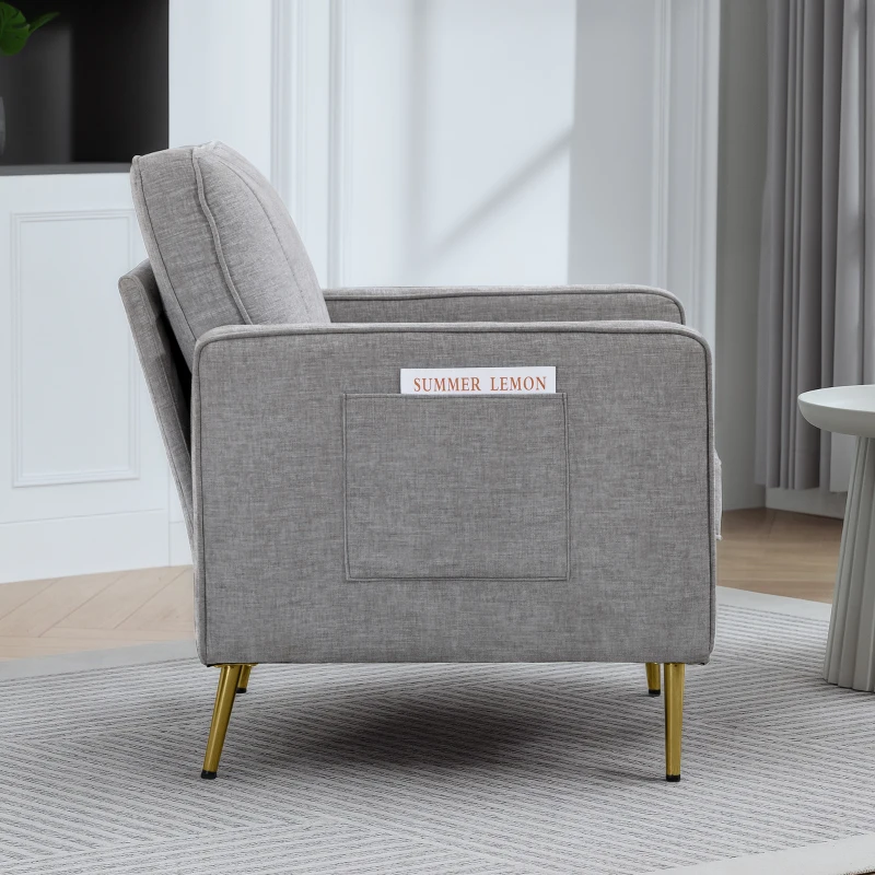 HOMCOM Fauteuil en tissu avec pieds en acier doré, grand confort, pochettes latérales, pour salon, bureau, chambre, gris