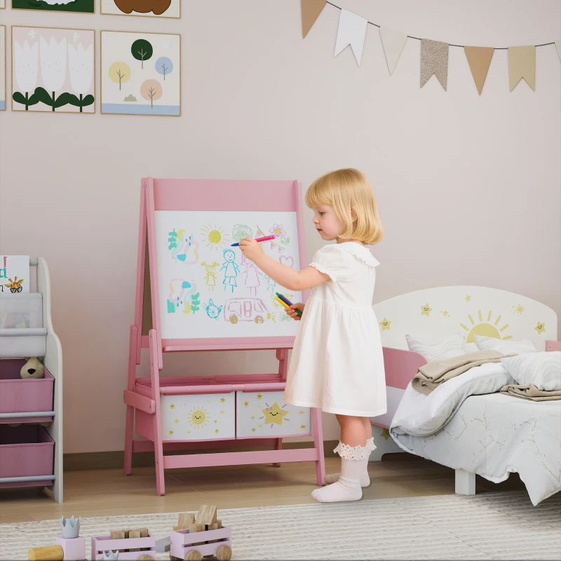 AIYAPLAY Kinder Ezel 3-in-1 Kindertafel met Krijtbord, Whiteboard, Papierrol en 2 Opbergmanden, voor 3-8 Jaar, Roze