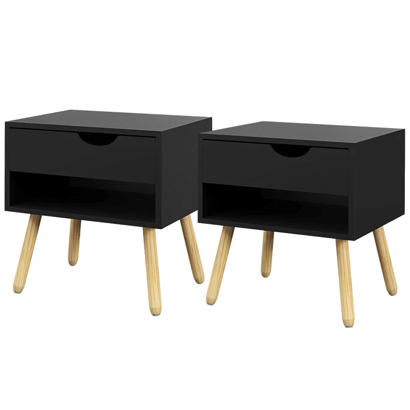 HOMCOM Lot de 2 tables de chevet tables de nuit avec tiroirs pieds en bois massif moderne 50 x 39 x 51 cm noir et bois naturel