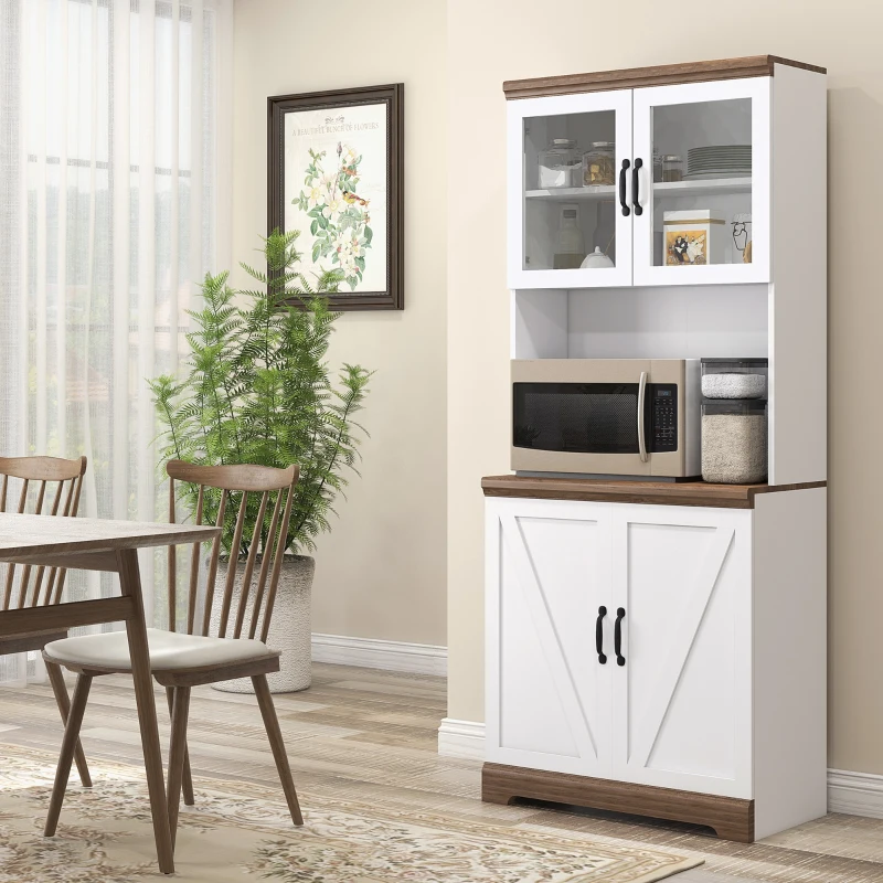 HOMCOM Armário de Cozinha com 2 Portas de Vidro Prateleiras Ajustáveis Bancada e Sistema Anti-Tombo 72x40x178cm Branco e Madeira