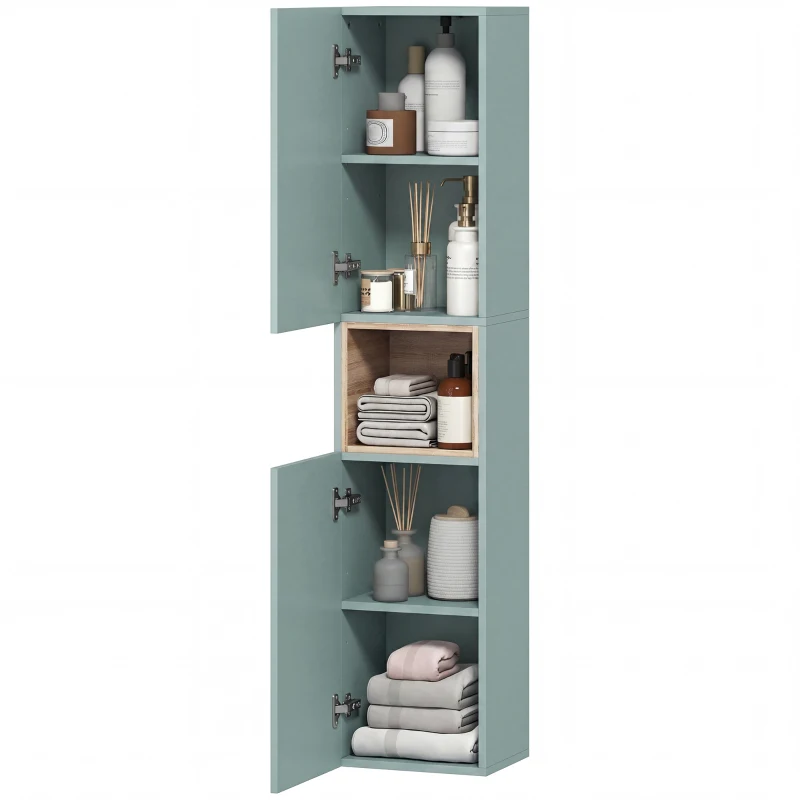 HOMCOM Coluna Casa de Banho Estreita com Prateleira Aberta e Prateleiras Ajustáveis 2 Portas Caneladas 30x24x140 cm Verde