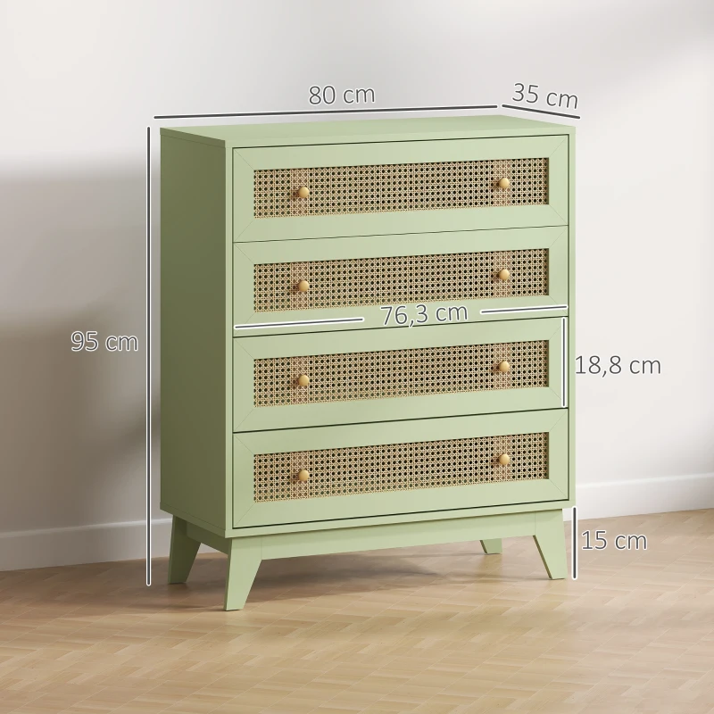 HOMCOM Commode 4 tiroirs meuble de rangement cannage en rotin aspect bois clair 80 x 35 x 95 cm vert