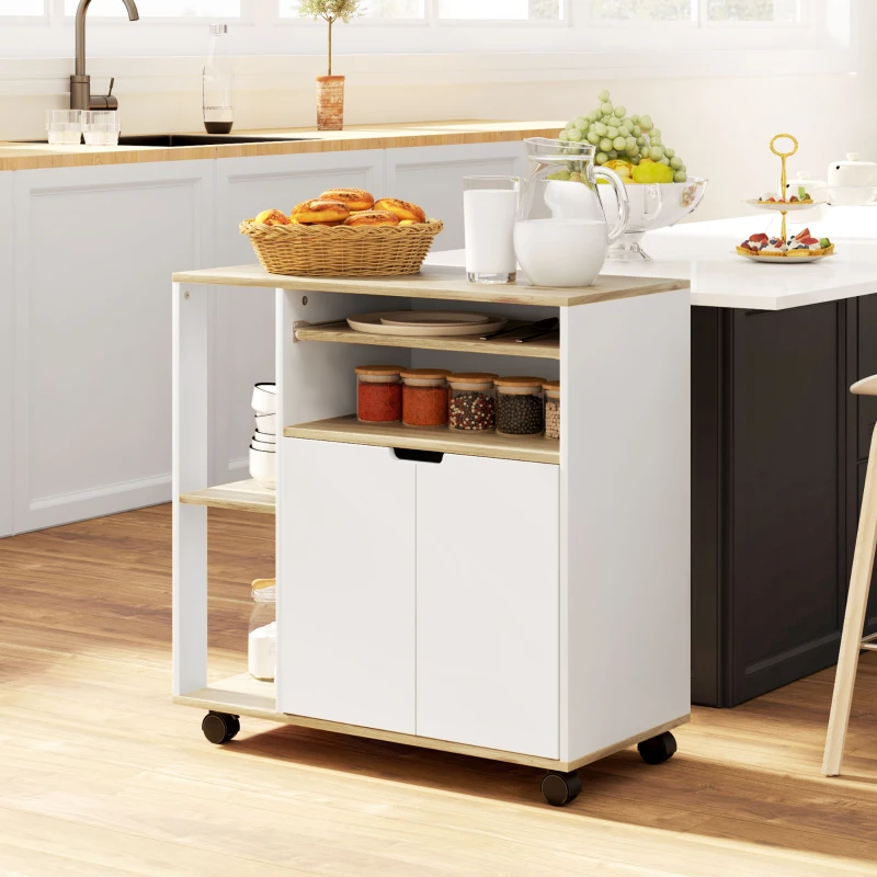 HOMCOM Rollender Küchenwagen mit Stauraum, Schrank, verstellbare Regale, für Küche, Wohnzimmer, Esszimmer, Weiß(m-10)
