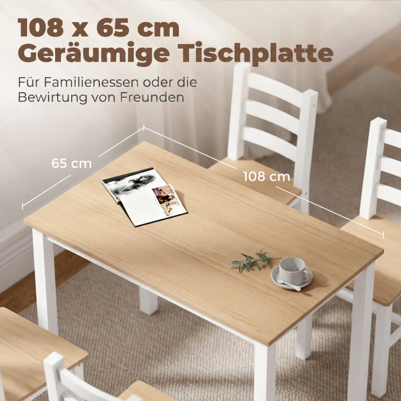 HOMCOM 5-teiliges Essgruppe für 4 Personen, Landhaus-Esstisch und Stühle aus Massivholz, Natur/Weiß