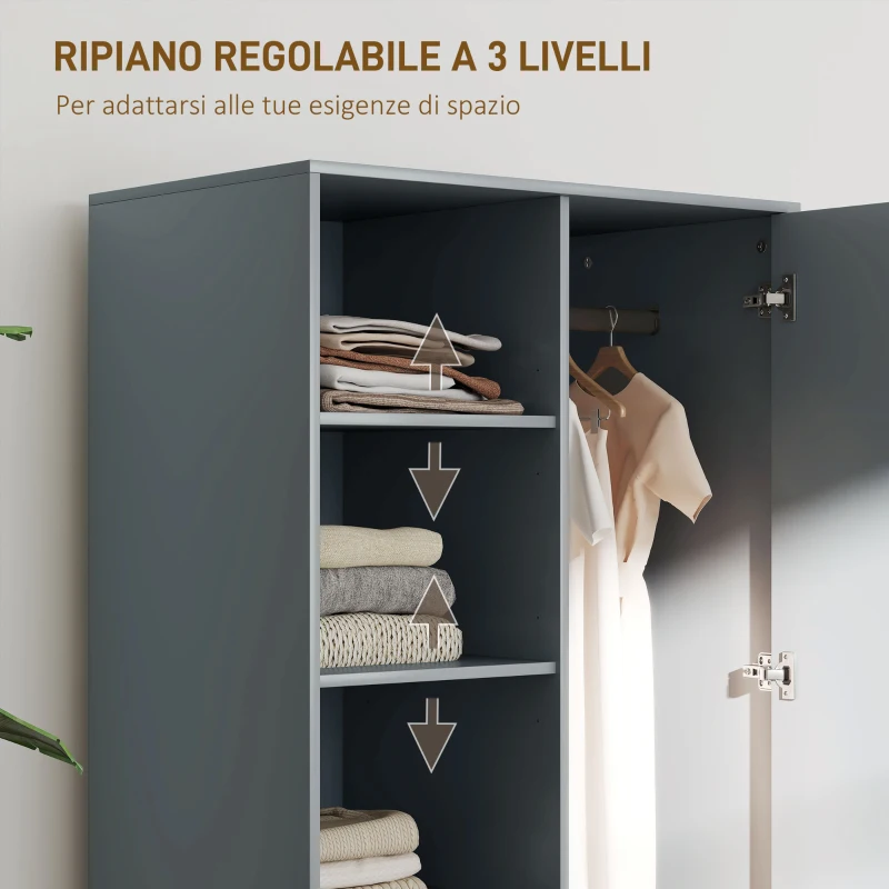 HOMCOM Armadio Moderno con 2 Cassetti, Ripiani Aperti e Vano Appendiabiti, 80x50x124 cm, Grigio Scuro