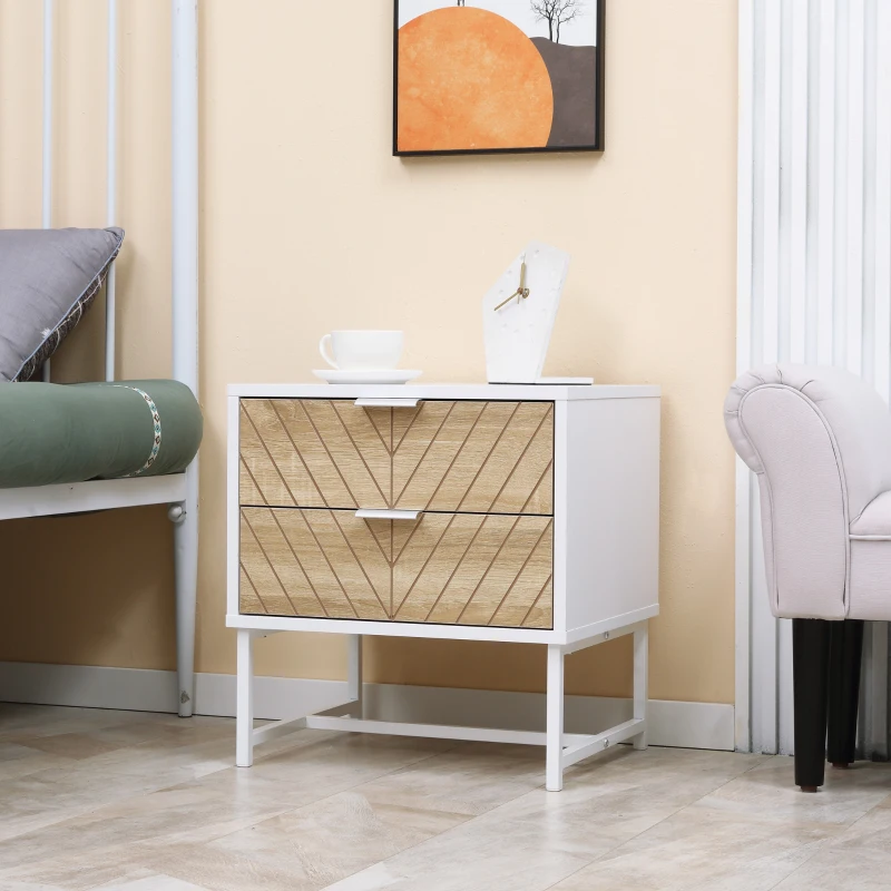 HOMCOM Table de chevet, table d'appoint, avec tiroirs, cadre en acier, pour salon chambre, 45 x 39 x 48 cm, blanc et chêne