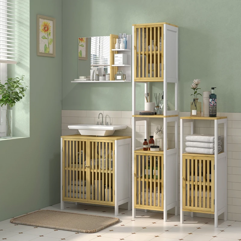 HOMCOM Meuble sous vasque 2 portes avec étagère réglable armoire de rangement pour lavabo 60 x 30 x 70 cm MDF et bambou