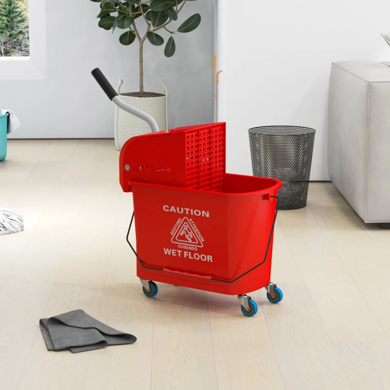 HOMCOM 20L Compact Mop Bucket on Wheels, with Water Separation Panel - Red
