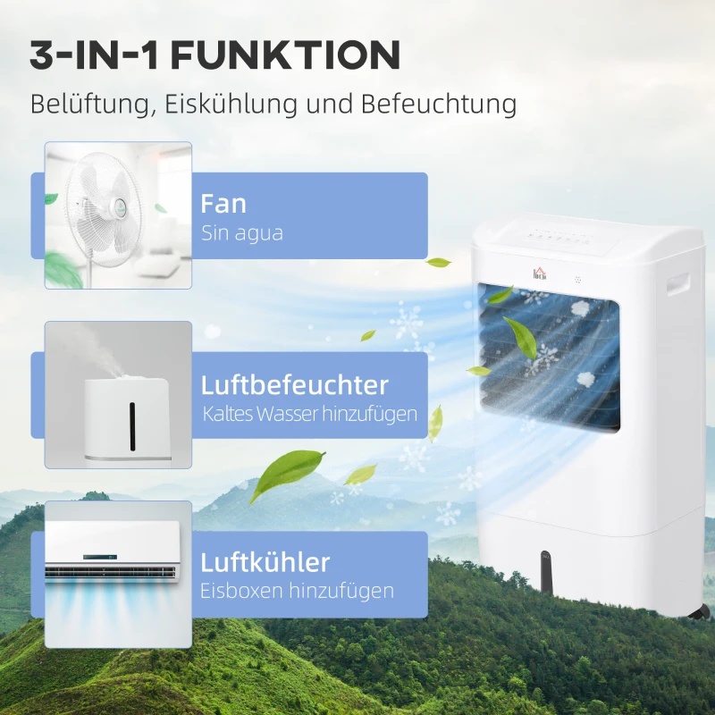 HOMCOM Mobiele Luchtkoeler/Airconditioner met 3 Modi, 7,5-uurs Timer, Verrijdbaar, Kunststof, Wit