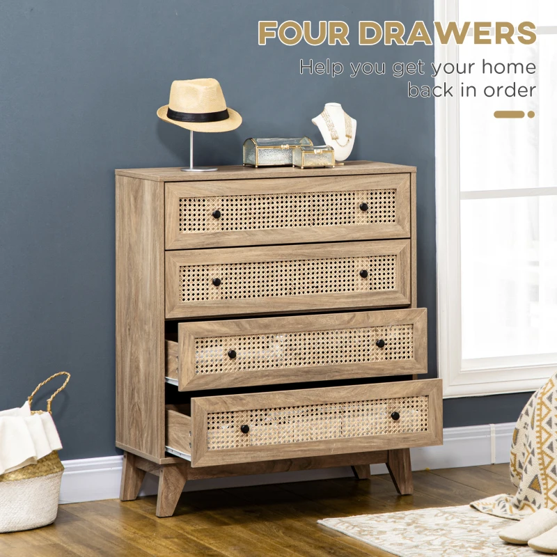 HOMCOM Storage Cabinet, 4-Drawer Unit with Rattan Element for Bedroom, Living Room, 80cmx35cmx95cm, Wood Effect