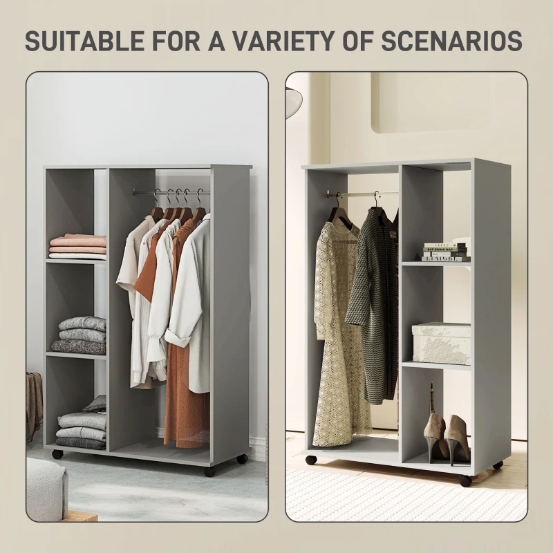 HOMCOM Open Wardrobe on Wheels, Bedroom Wardrobe with Clothes Hanging Rail, 3 Storage Shelves, Mobile Garment Rack for Cloakroom, Hallway, Grey