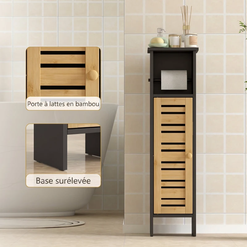 HOMCOM Meuble de salle de bain avec support papier toilette barre amovible 3 Niveaux + Sortie Papier, 78H cm, Bambou noir