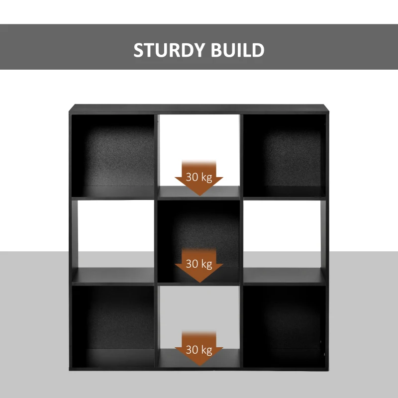 HOMCOM 3-tier 9 Cubes Storage Unit Particle Board Cupboard Bookcase Organiser Home Office Shelves, Black