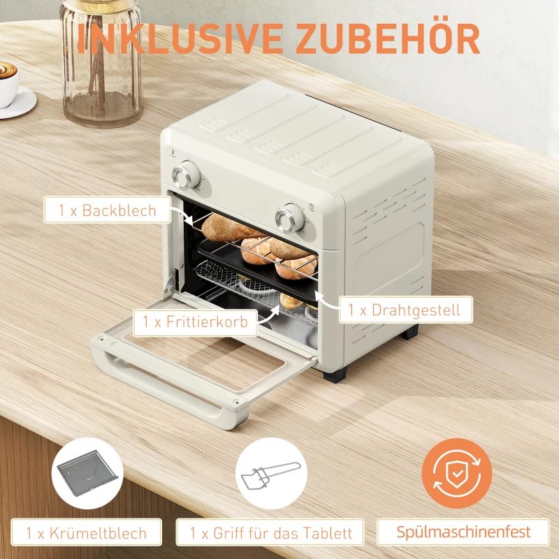 HOMCOM mini-oven met hetelucht, 10 liter airfryer, compacte oven met 60-minuten timer en binnenverlichting, 80-230℃, 3 insteekniveaus, vaatwasserbestendig accessoire, 1000W, crème wit(m-8)