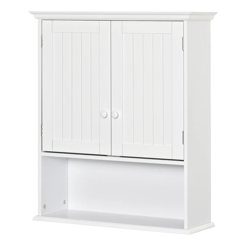 kleankin Armario Baño de Pared con 2 Puertas Estante Interior Ajustable y Compartimento Abierto Mueble Auxiliar Suspendido Multiusos para Cocina 60x20x70,5 cm Blanco
