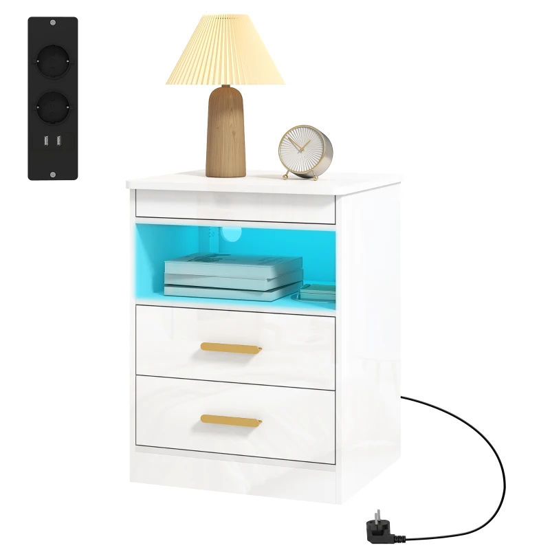 HOMCOM Nachttisch, Beistelltisch mit Ladestation und RGB-LED-Beleuchtung, Hochglanz Weiß