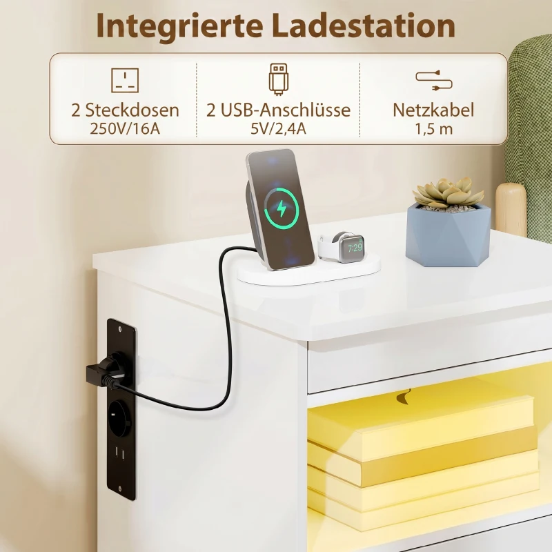 HOMCOM Nachttisch, Beistelltisch mit Ladestation und RGB-LED-Beleuchtung, Hochglanz Weiß
