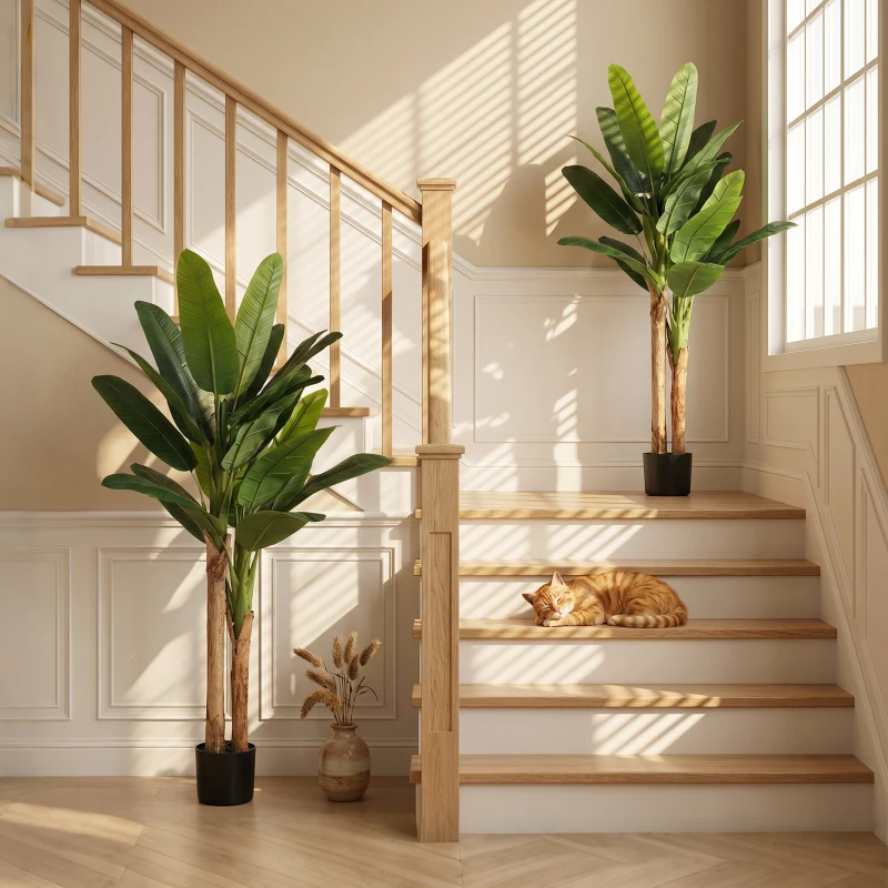 HOMCOM Lot de 2 plantes artificielles intérieurs 150 cm bananiers en pot décoration pour maison, bureau, salon, chambre