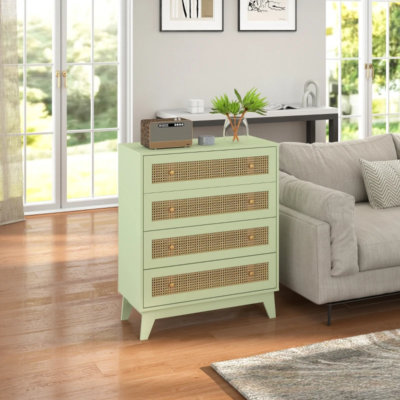 HOMCOM Commode 4 tiroirs meuble de rangement cannage en rotin aspect bois clair 80 x 35 x 95 cm vert
