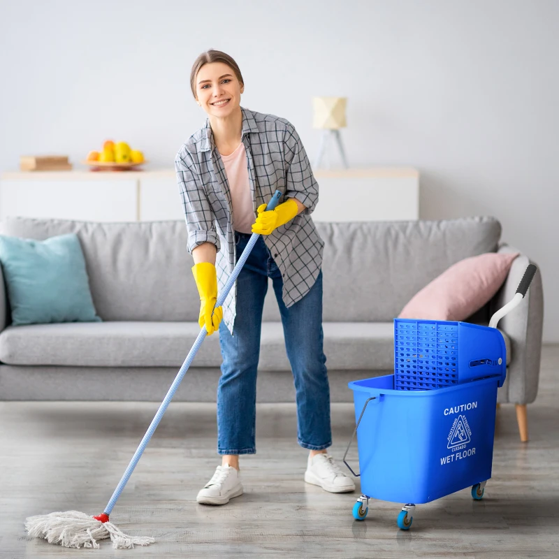 HOMCOM Chariot de nettoyage lavage seau de ménage 20 L avec essoreur et séparateur eau sale propre bleu 60L x 27l x 70,5H cm