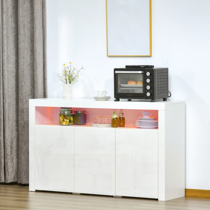 HOMCOM Buffet LED - meuble de rangement LED - 3 placards avec étagère et grande niche - panneaux particules MDF blanc laqué