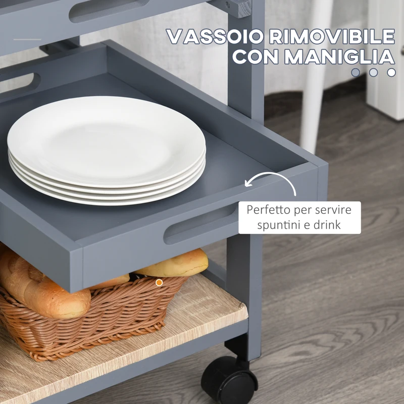 HOMCOM Carrello da Cucina con Cassetto, 2 Vassoi Estraibili e Ripiano Fisso, in Legno, 37x37x76 cm