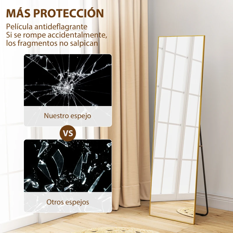 HOMCOM Espejo de Pie Cuerpo Entero de Aleación de Aluminio Espejo de Pared con 2 Formas de Uso Rectangular 50x161,5x2 cm Dorado