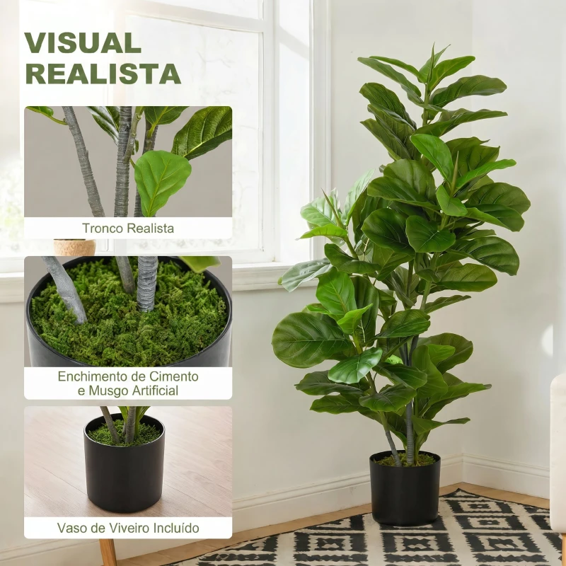 HOMCOM Planta Artificial Ficus 110 cm Planta Artificial com 90 Folhas Musgo e Vaso Planta Artificial Decorativa para Interior e Exterior Verde