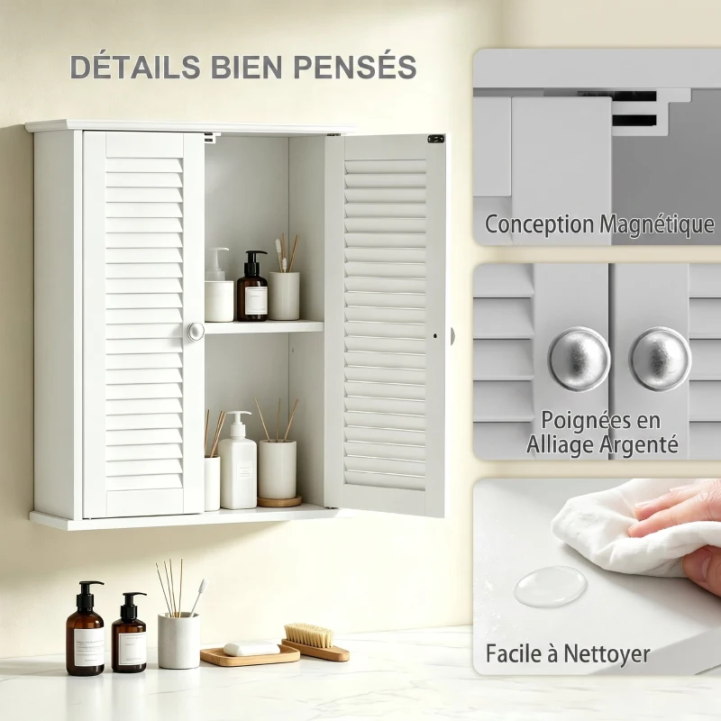 HOMCOM Armoire murale de salle de bain, meuble de rangement suspendu avec 2 portes persiennes et étagère réglable, blanc