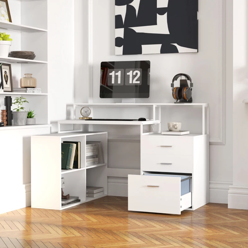 HOMCOM Birou de birou cu 2 mese, 4 rafturi, 3 sertare și suport pentru monitor, din lemn, 138,5x90x92 cm, alb(m-10)