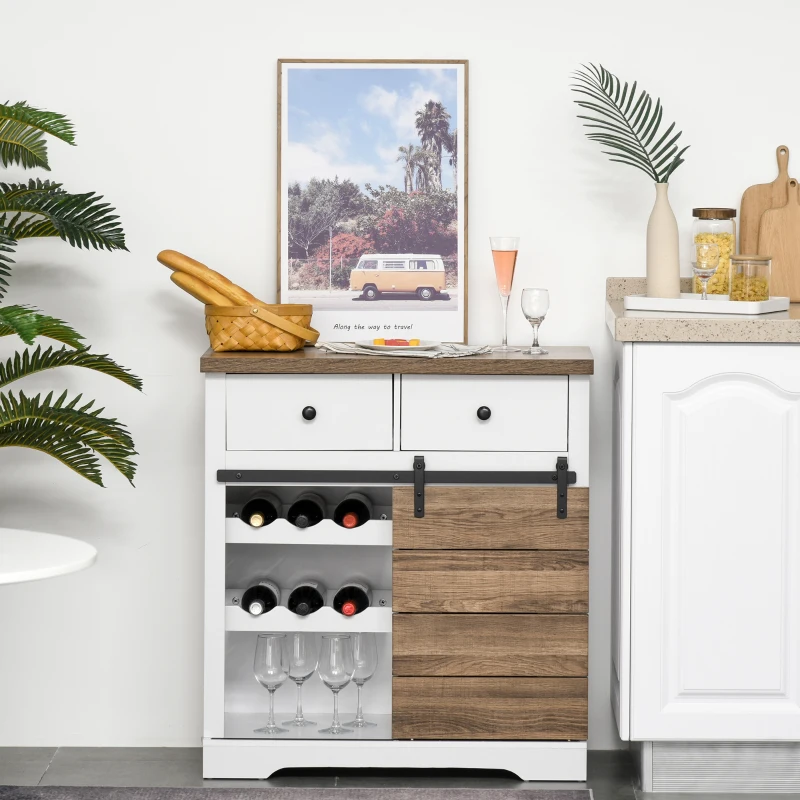 HOMCOM Mobile da Cucina Rustico con 2 Cassetti, Ripiani Aperti e Portabottiglie, in Legno e Metallo, 80x39x86 cm