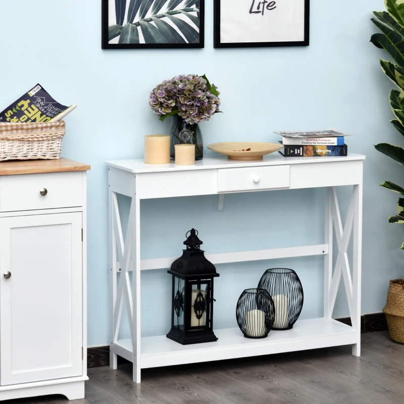 HOMCOM Table Console Table d'entrée avec 1 tiroir + 1 étagère dim. 100L x 30l x 81H cm en bois Blanc