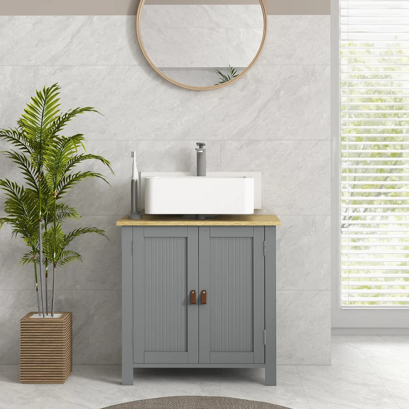 kleankin Meuble sous lavabo 2 portes étagère réglable 2 étages à l'intérieure poignées en PU 60 x 30 x 60 cm gris