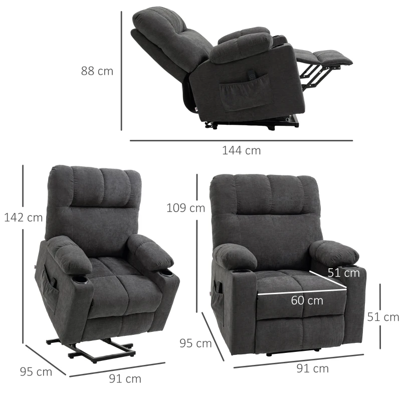 HOMCOM Opstaan hulp seniorenstoel, ligfunctie, inclusief afstandsbediening, 144 cm x 91 cm x 88 cm, Donkergrijs